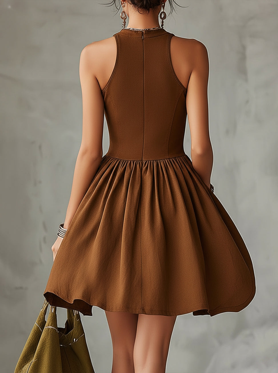 Brown Halter Neck Sleeveless Pocket Flare Mini Dress
