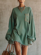 Green Denim Oversized Pocket Frayed Hem Mini Dress