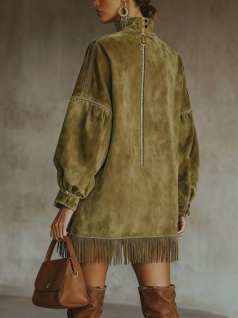 Olive Faux Suede Turtleneck Dress With Fringe Hem