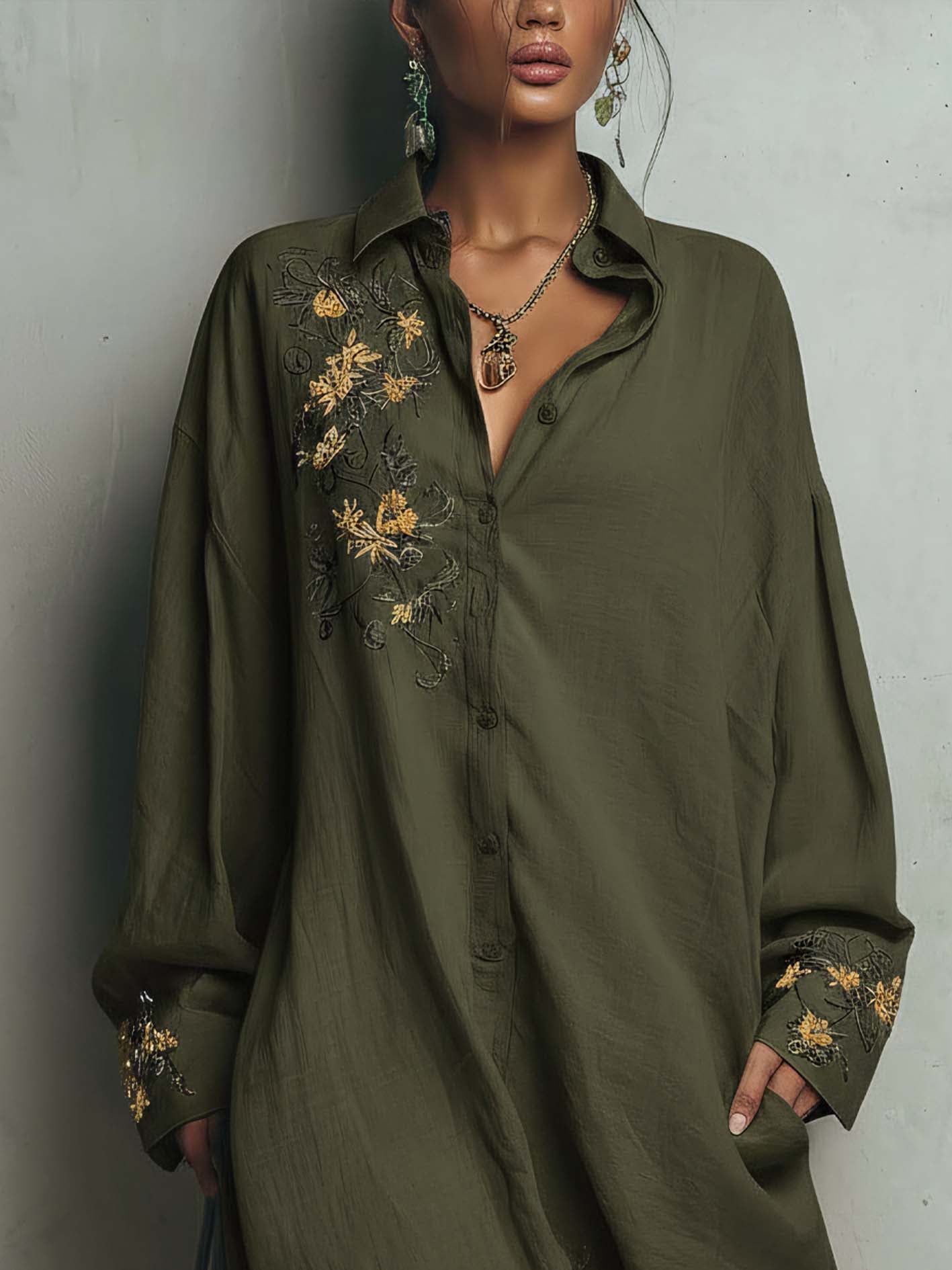 Army Green Cotton Linen Mini Shirt Dress With Vintage Floral Embroidery