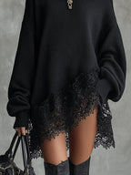 Black Oversized Mini Dress With Lace Hem