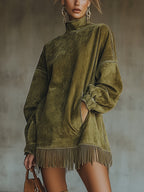 Olive Faux Suede Turtleneck Dress With Fringe Hem