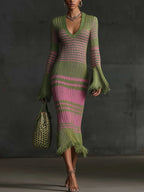 24-Hour-Shipping Olive Pink Ombre Knit Midi Dress