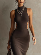 Chocolate Brown Ribbed Knit Sleeveless Bodycon Dress With Side Slit
