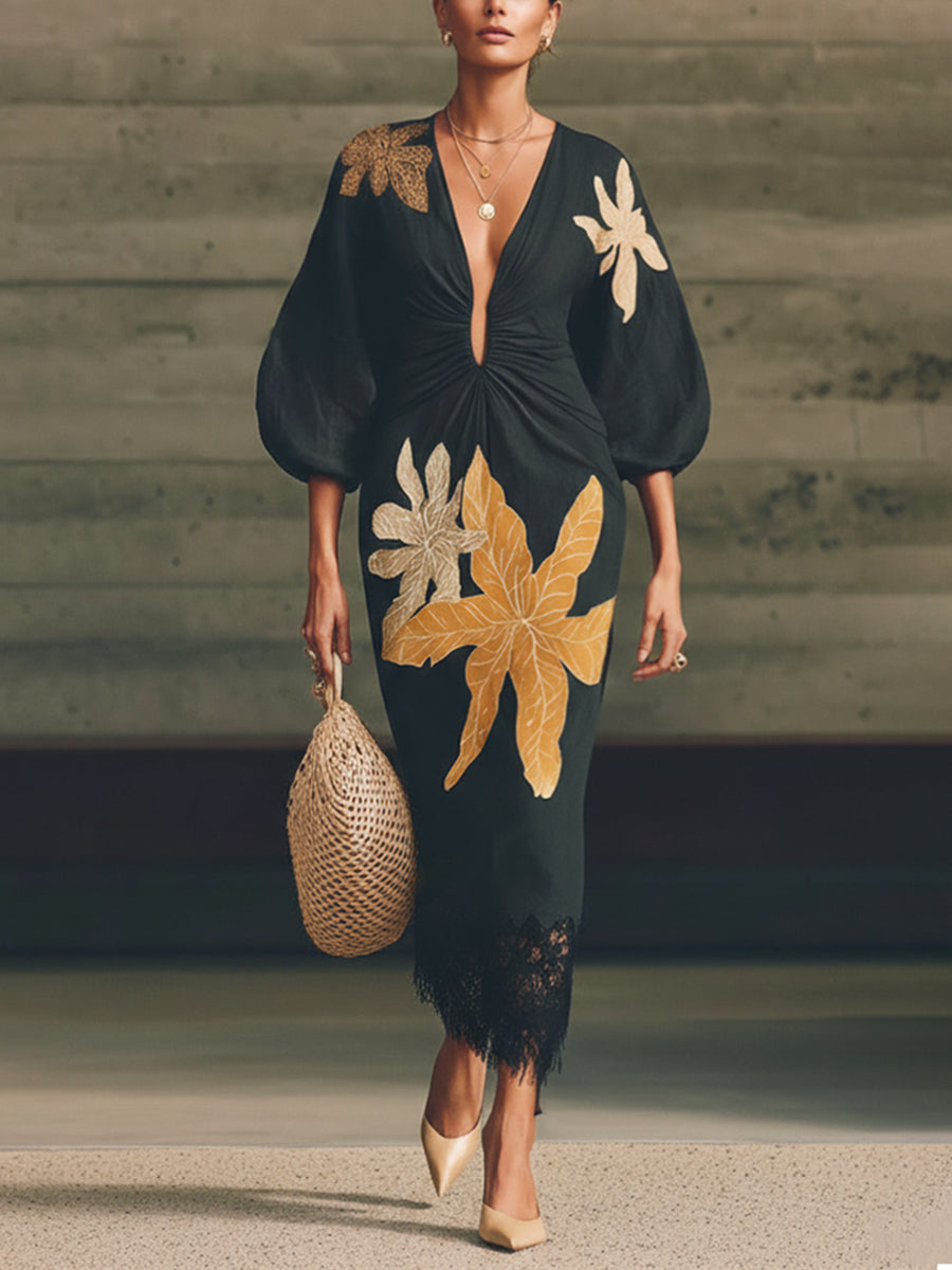 Black Cotton Linen Floral Print Deep V-Neck Maxi Dress