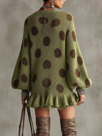 Green Polka Dot Oversized Knit Sweater Dress With Ruffled Hem
