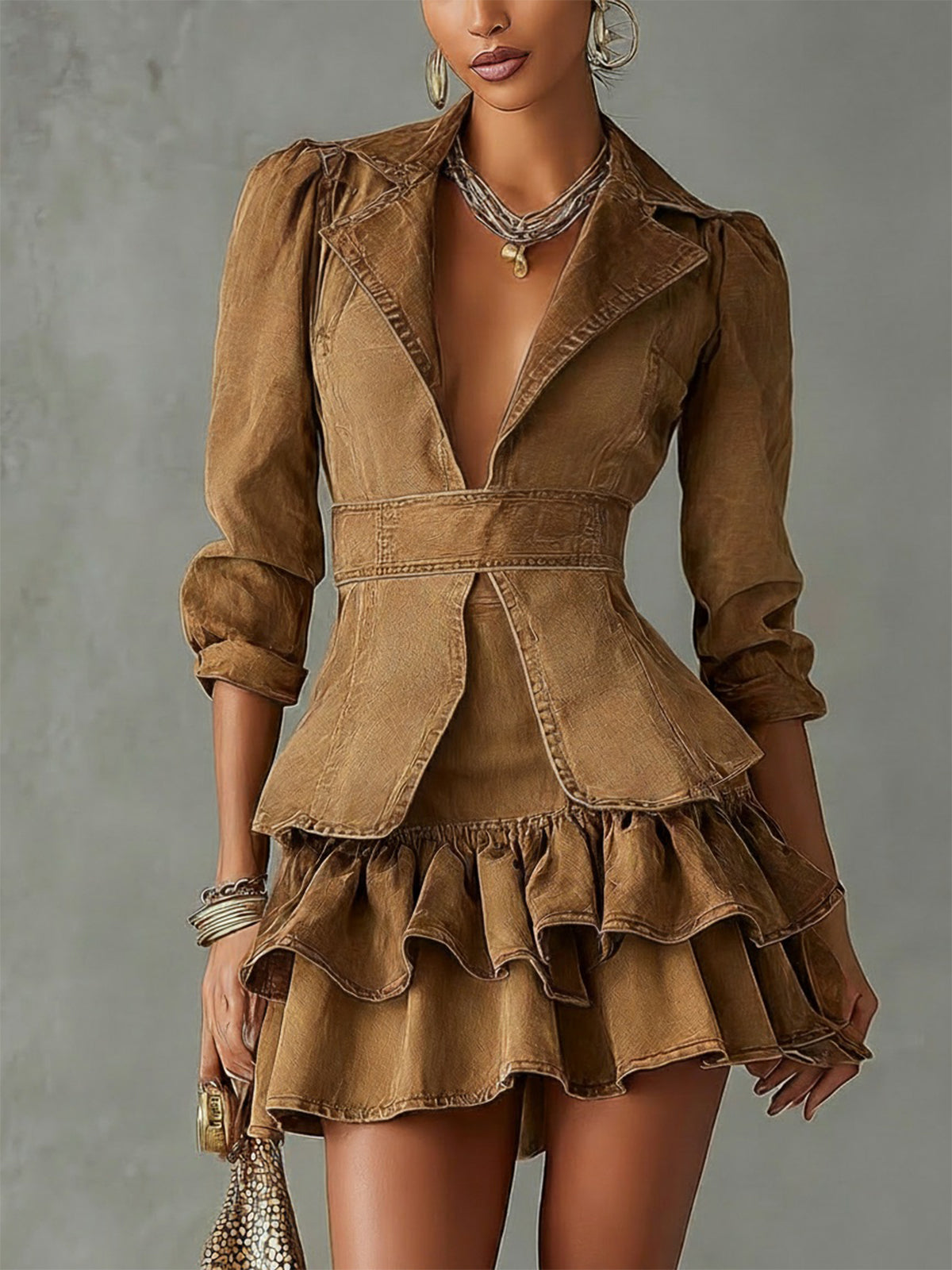 24-Hour-Shipping Vintage Brown Washed Cotton Ruffle Lapel Midi Sleeve Mini Dress
