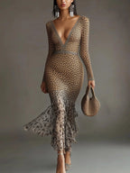24-Hour-Shipping Leopard Print Deep V-Neck Mermaid Dress