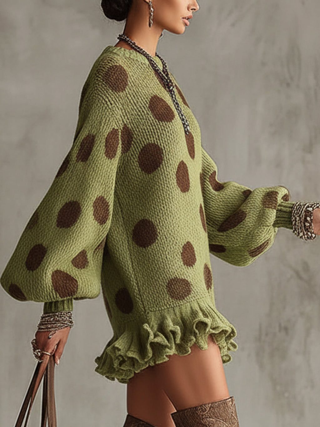 Green Polka Dot Oversized Knit Sweater Dress With Ruffled Hem