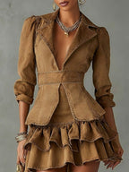 24-Hour-Shipping Vintage Brown Washed Cotton Ruffle Lapel Midi Sleeve Mini Dress
