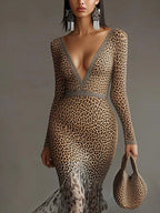 24-Hour-Shipping Leopard Print Deep V-Neck Mermaid Dress