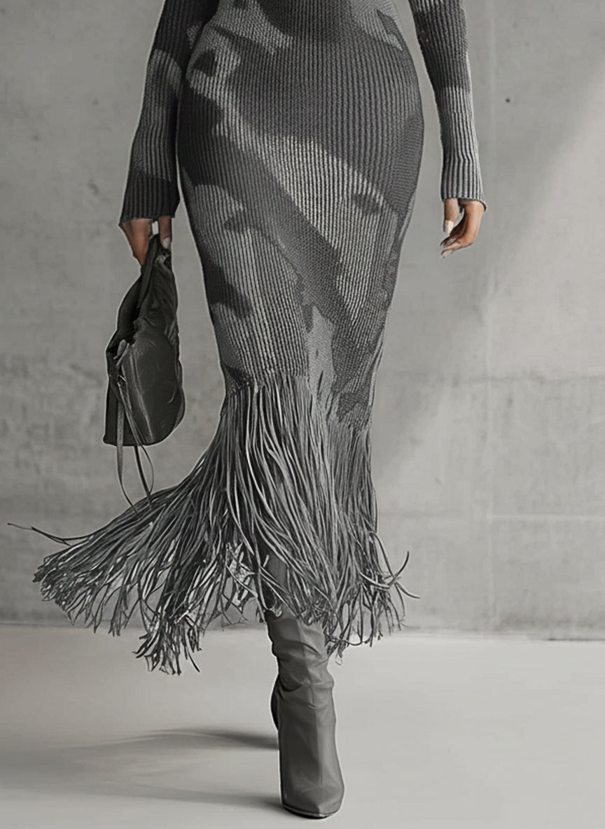 Olive Camo Knit V-Neck Fringe Hem Bodycon Dress