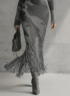 Olive Camo Knit V-Neck Fringe Hem Bodycon Dress