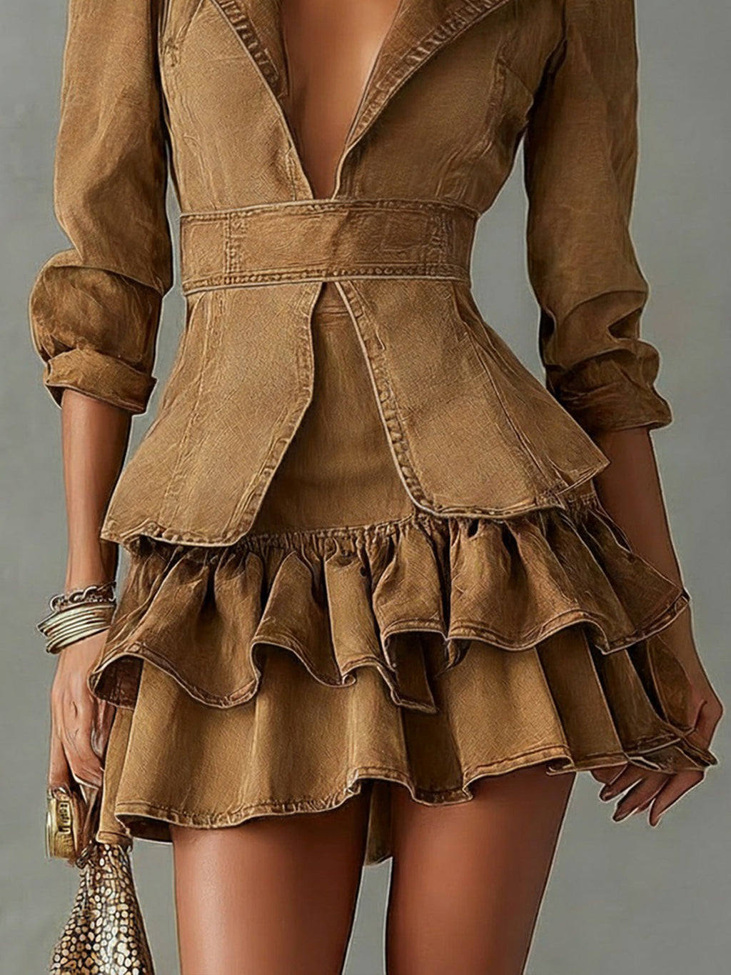 24-Hour-Shipping Vintage Brown Washed Cotton Ruffle Lapel Midi Sleeve Mini Dress