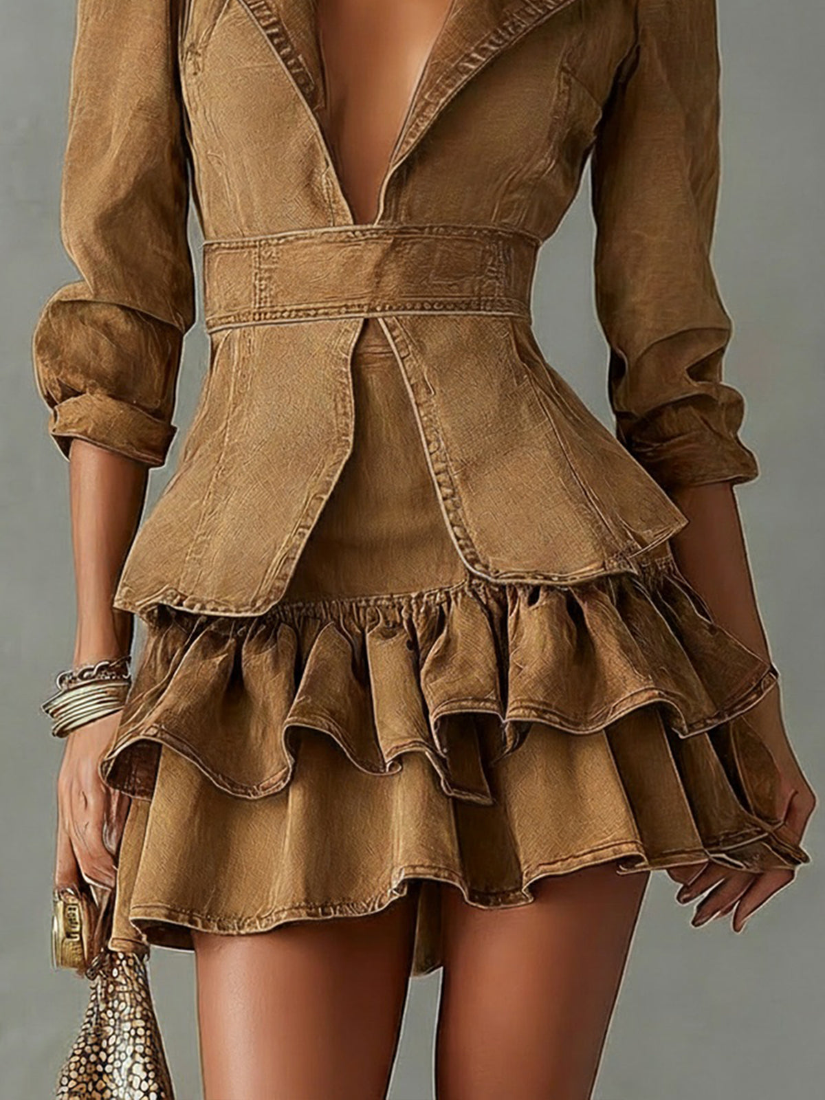 24-Hour-Shipping Vintage Brown Washed Cotton Ruffle Lapel Midi Sleeve Mini Dress
