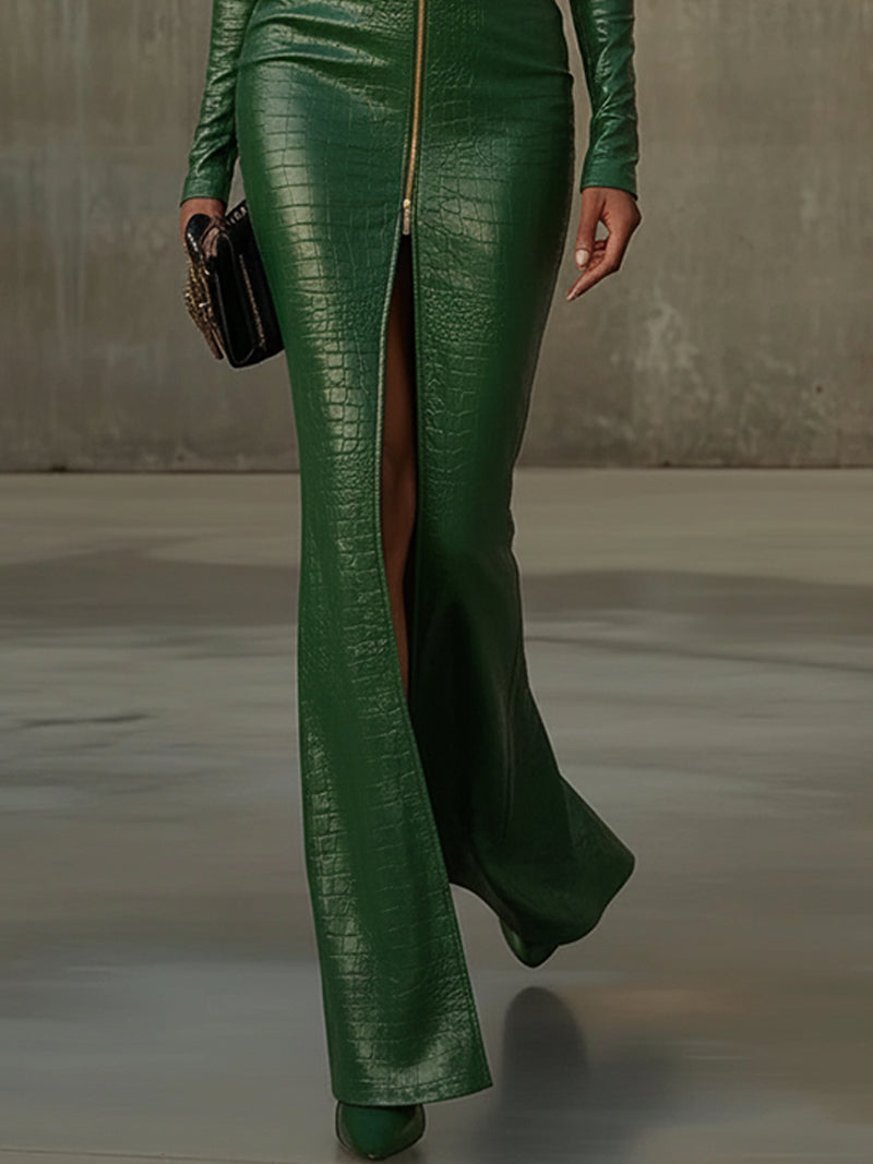 24-Hour-Shipping Green Elegance Croc Embossed Maxi Dress