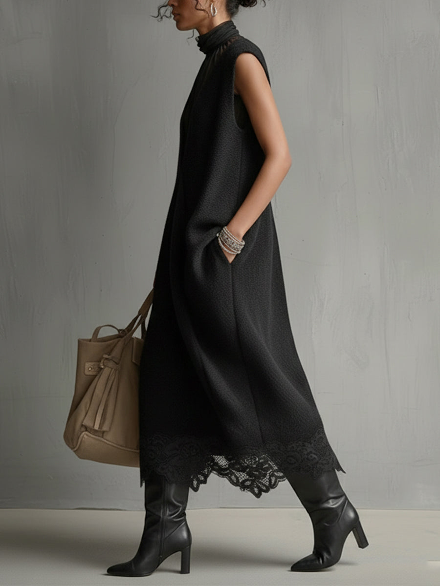 Black Sleeveless Chiffon High-Neck Knit Maxi Dress With Lace Hem