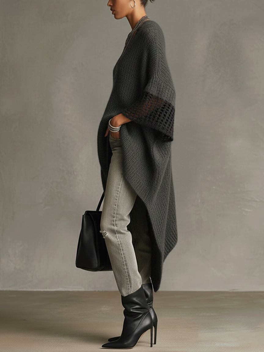 Gray Asymmetric Hem Loose Knit Dress With Crochet Mid Sleeves