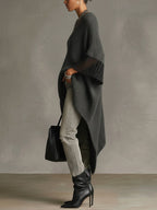 Gray Asymmetric Hem Loose Knit Dress With Crochet Mid Sleeves