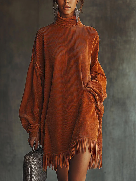 24-Hour-Shipping Orange Corduroy Loose Tassel Hem High Collar Dress