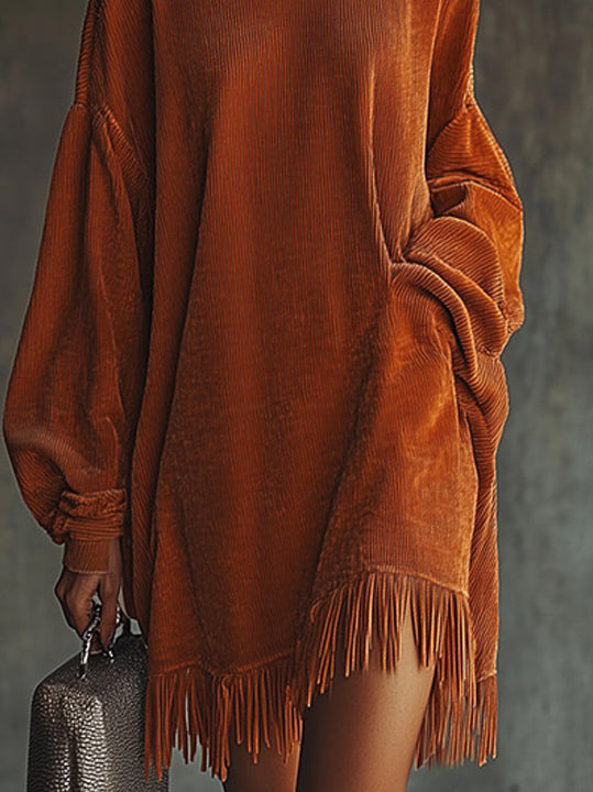 24-Hour-Shipping Orange Corduroy Loose Tassel Hem High Collar Dress