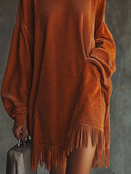 24-Hour-Shipping Orange Corduroy Loose Tassel Hem High Collar Dress