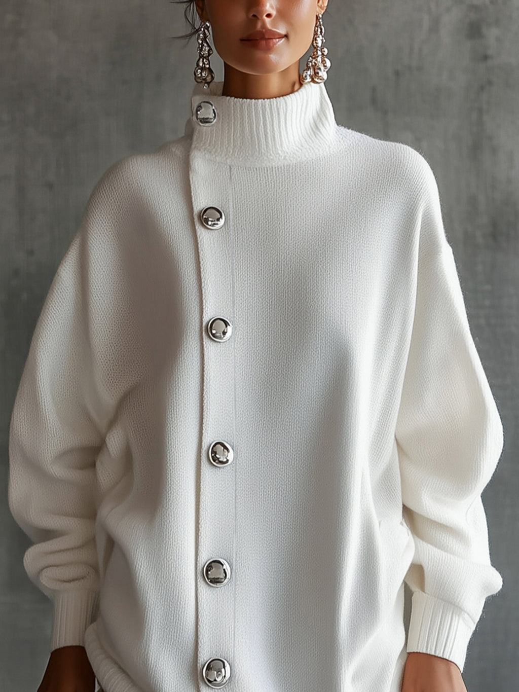 White Oversized Buttoned Turtleneck Sweater Dress