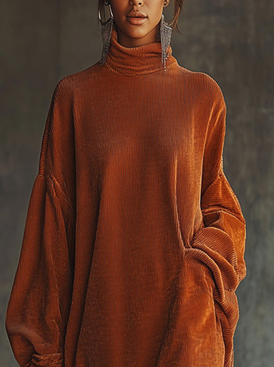 24-Hour-Shipping Orange Corduroy Loose Tassel Hem High Collar Dress