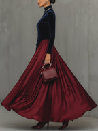 Blue Velvet And Burgundy Satin Color Block  Long Dress