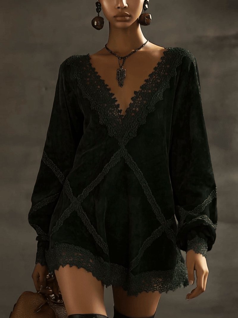 Emerald Green Faux Suede Mini Dress With Lace