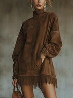 Brown Faux Suede Turtleneck Oversized Dress With Fringe Detail