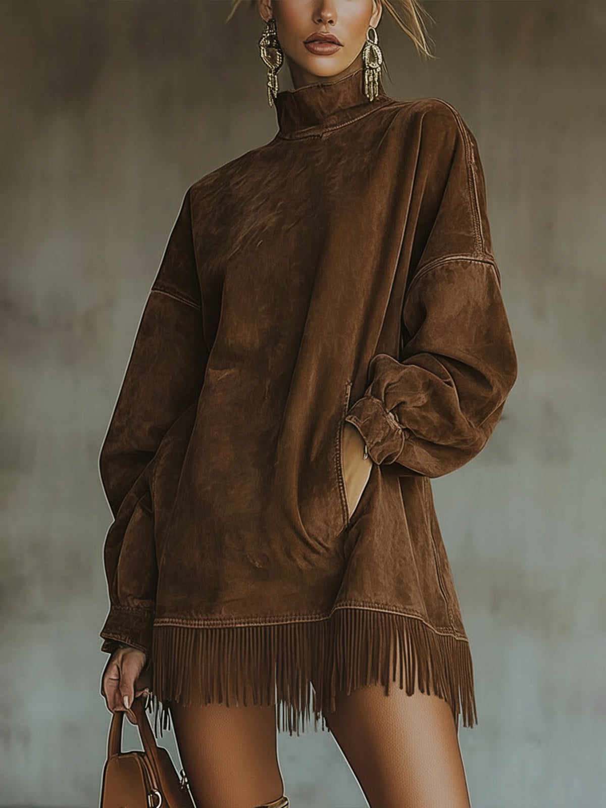 Brown Faux Suede Turtleneck Oversized Dress With Fringe Detail