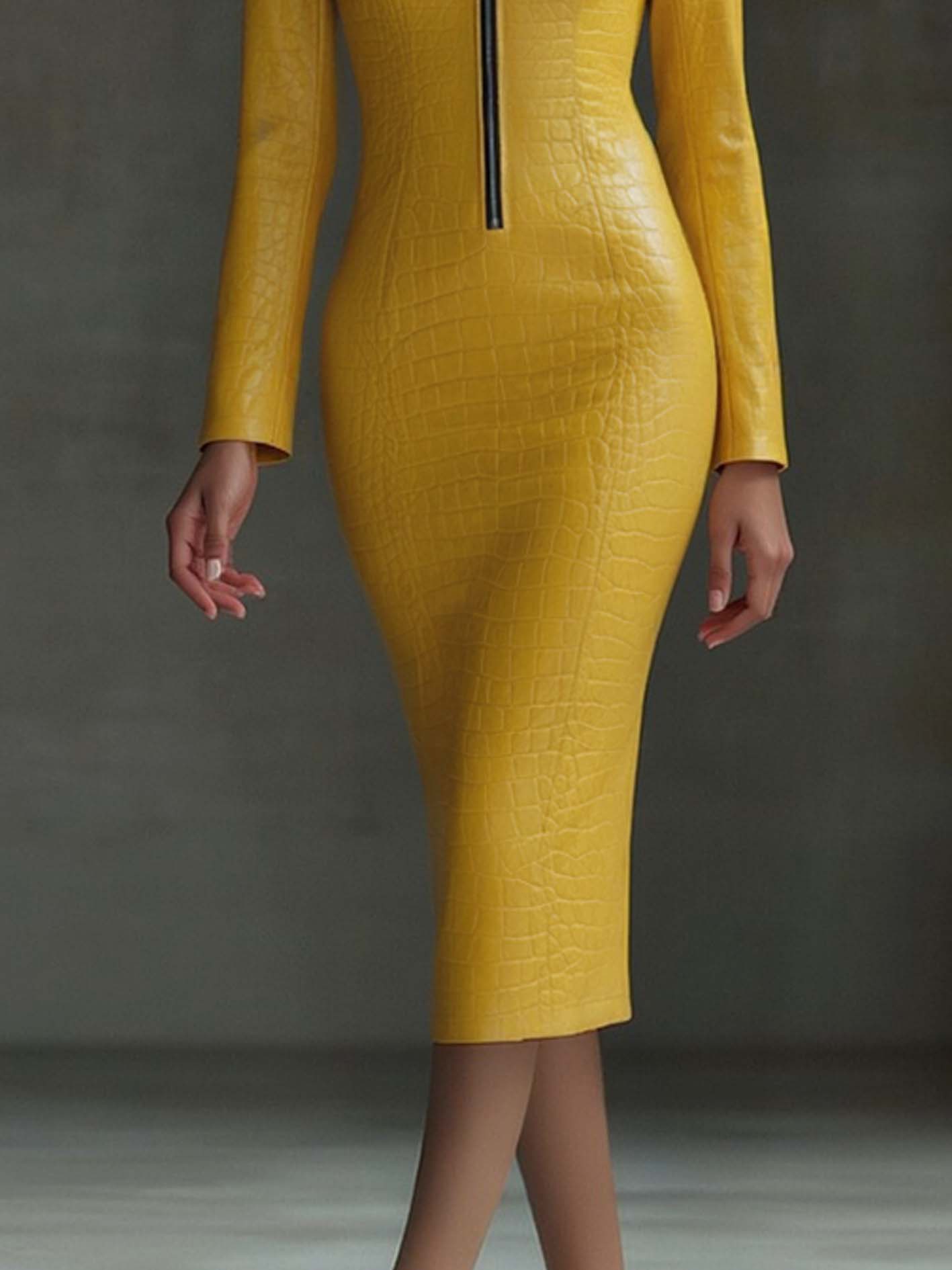 Stylish Yellow Textured Faux Leather Midi Bodycon Dress With Zipper