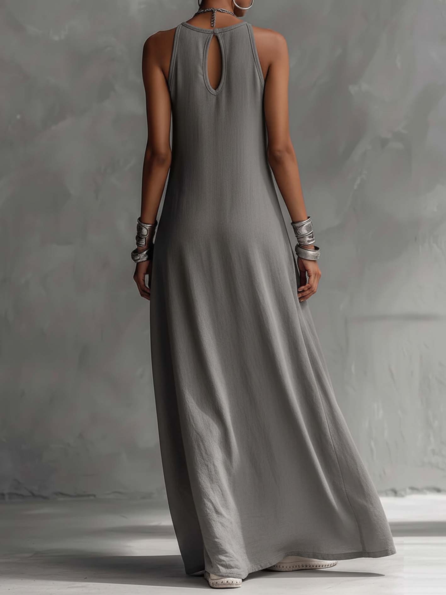 Color Block Gray Sleeveless Cotton Linen Maxi Dress