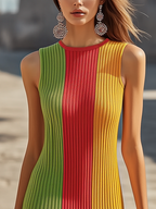 24-Hour-Shipping Colorful Block Stitching Sleeveless Midi Knit Dress