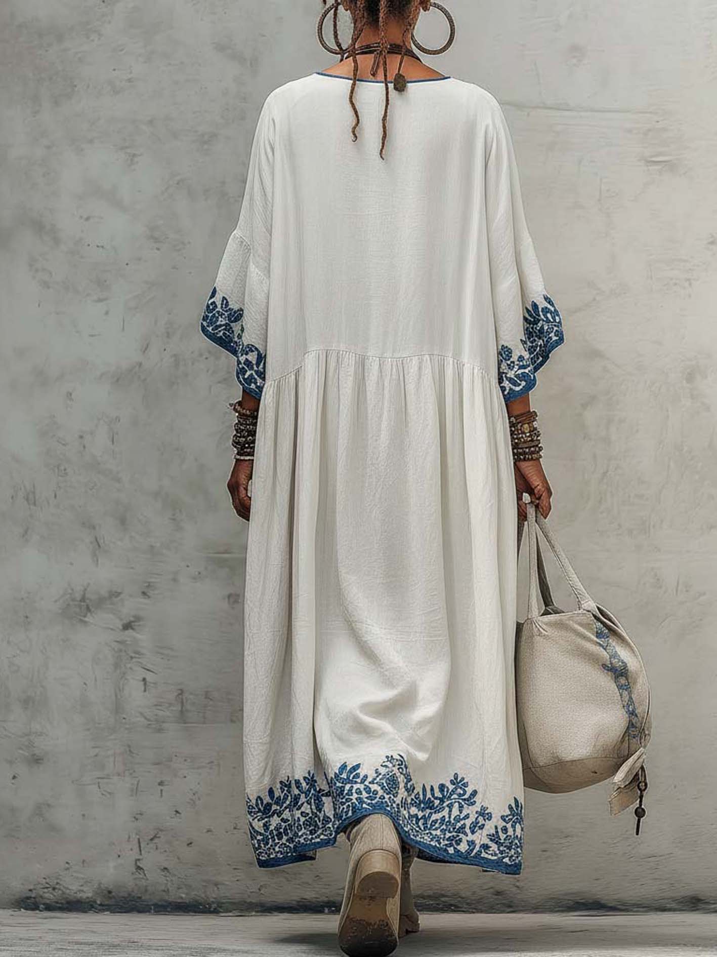 White Cotton Linen Maxi Dress With Exquisite Blue Embroidered Floral
