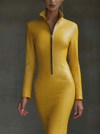 Stylish Yellow Textured Faux Leather Midi Bodycon Dress With Zipper