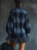 Midnight Plaid Ruffle Hem Turtleneck Dress