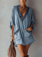 Light Blue Faux Suede Mini Dress With Vintage Embroidery Detailing