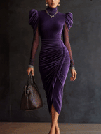 24-Hour-Shipping Plum Velvet Mesh Sleeve Draped Bodycon Dress