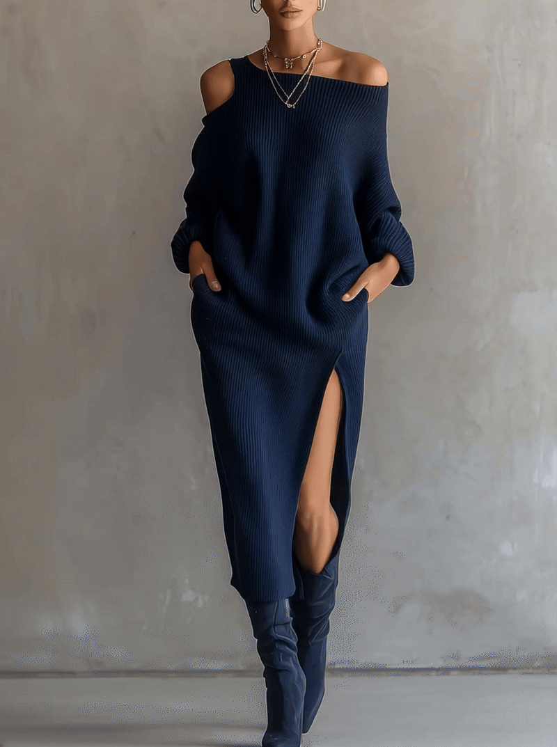 Dark Blue Cold Shoulder Knit Midi Dress With Side Slit