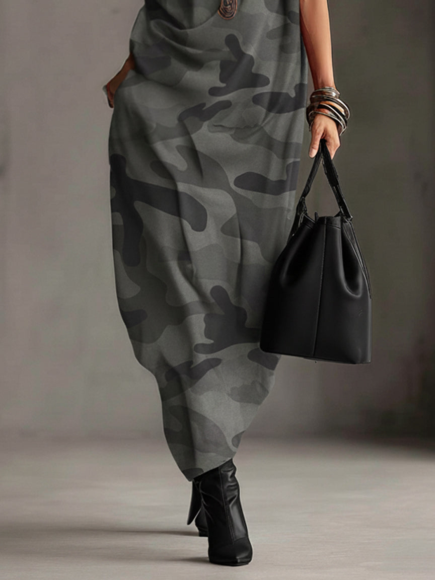 Gray Camo Sleeveless Turtleneck Maxi Dress