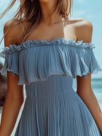 24-Hour-Shipping Ruffle Off Shoulder Chiffon Dress