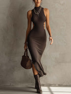 Chocolate Brown Ribbed Knit Sleeveless Bodycon Dress With Side Slit