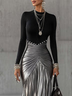 Black Round Neck Metallic Silver Pleated Maxi Dress