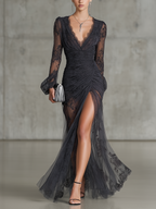 Black Lace Ruched Sheer Long Sleeve Slit Maxi Dress