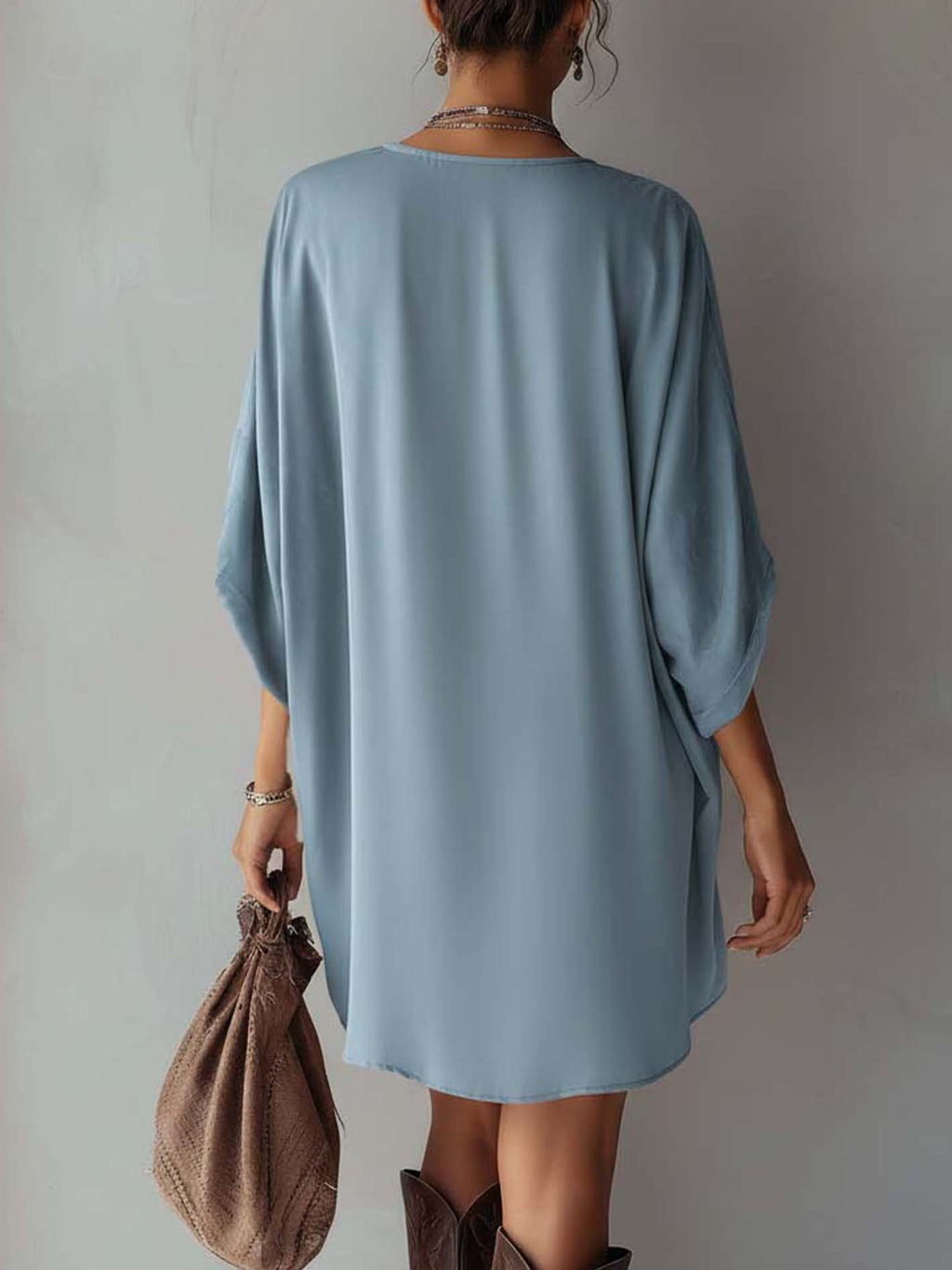 Light Blue Faux Suede Mini Dress With Vintage Embroidery Detailing