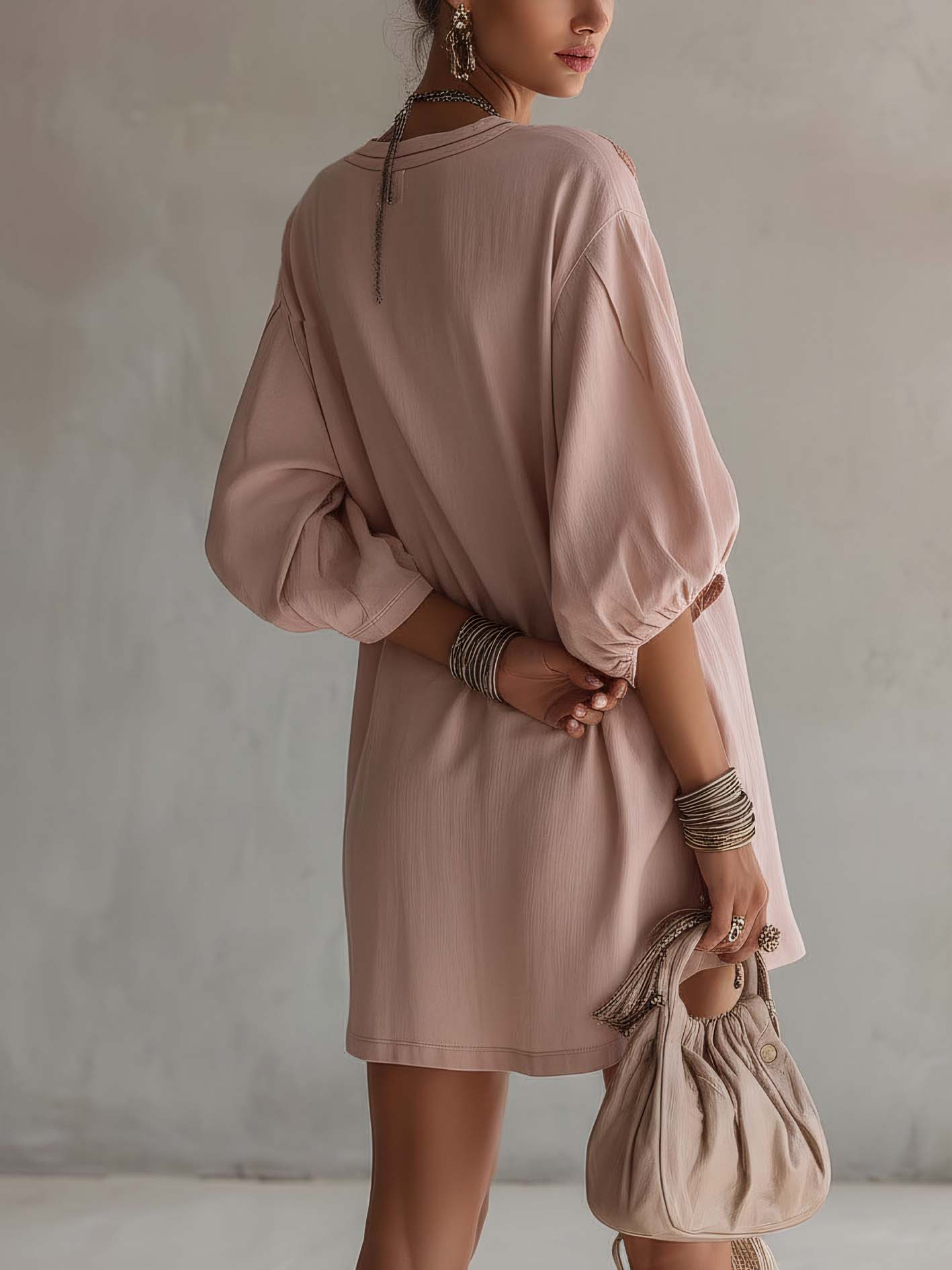 Pink Cotton Linen Mini Dress With Vintage Floral Embroidery