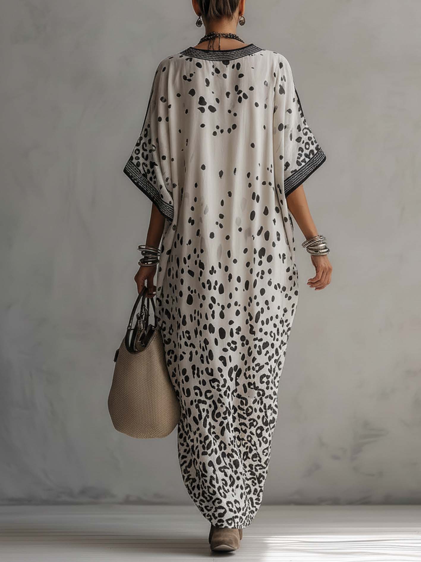Light Gray Gradient Leopard Print Chiffon Maxi Dress