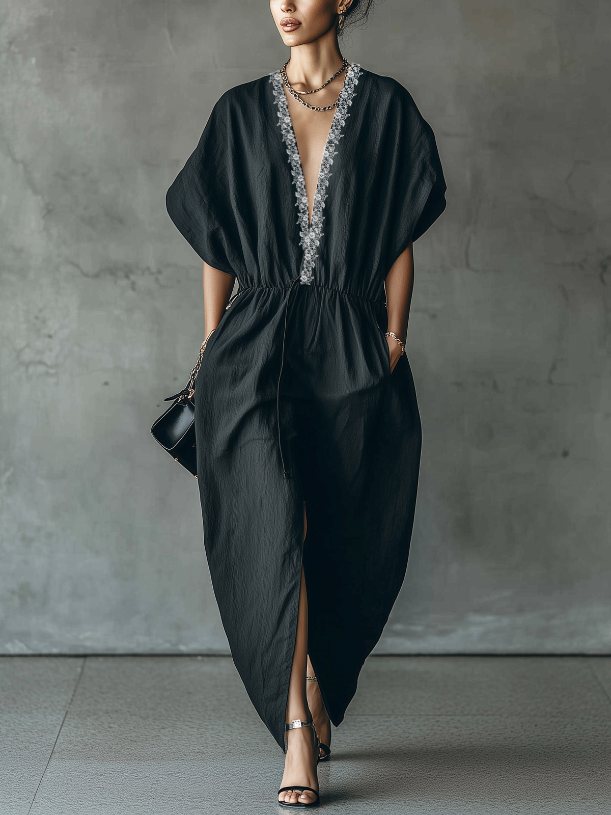 Black  Lace-Trimmed Deep V-Neck Embroidered Maxi Dress